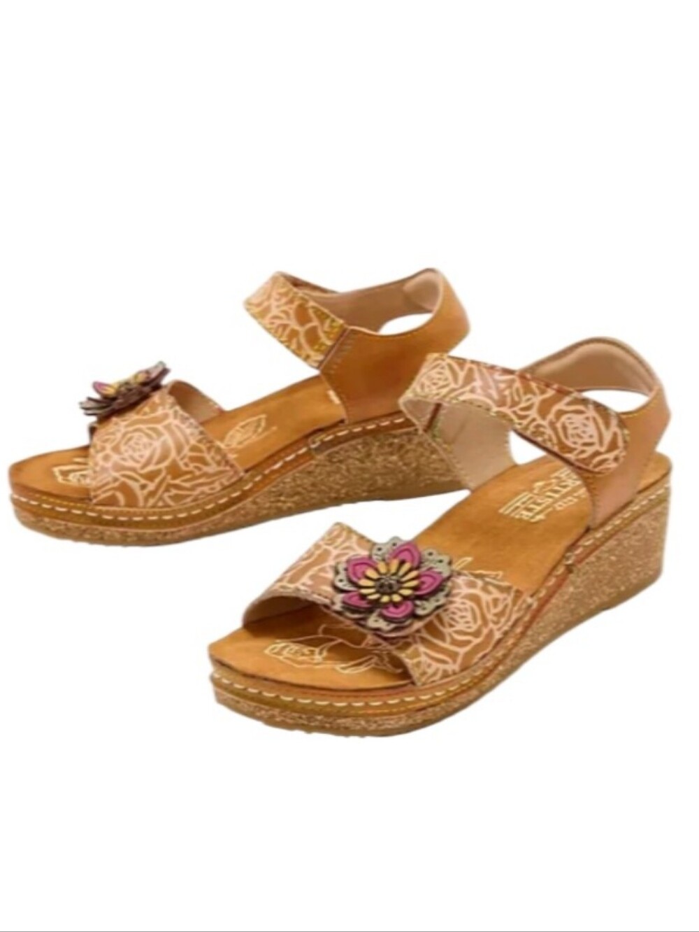 L'ARTISTE Spring Step Cuteness Leather Floral Wedge Sandals-NWOT